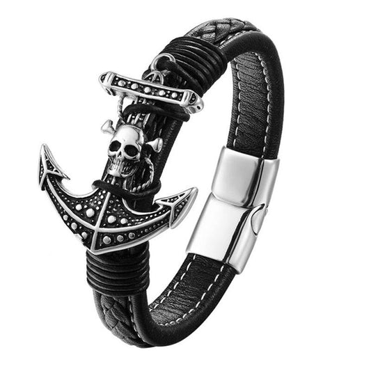 Black Genuine Leather Pirate Skull on Anchor Bracelet - InnovatoDesign