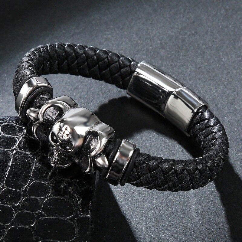 Black Braided Leather Stainless Steel Gothic Skull Bracelet-Skull Bracelet-Innovato Design-8.3-Innovato Design