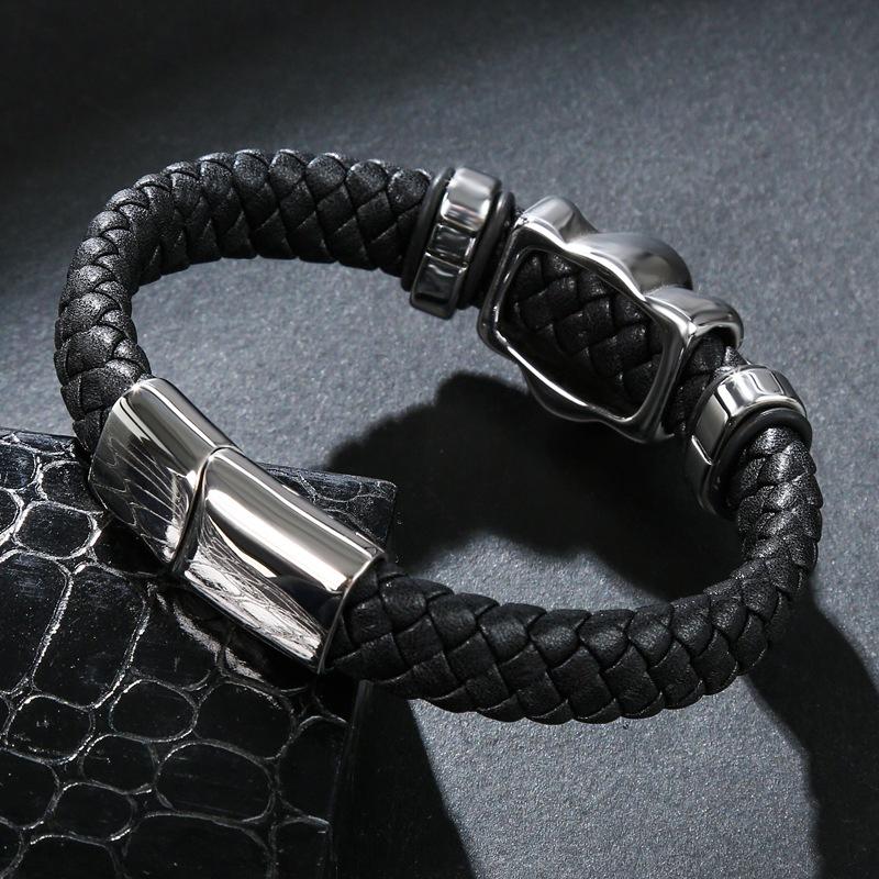 Black Braided Leather Stainless Steel Gothic Skull Bracelet-Skull Bracelet-Innovato Design-8.3-Innovato Design
