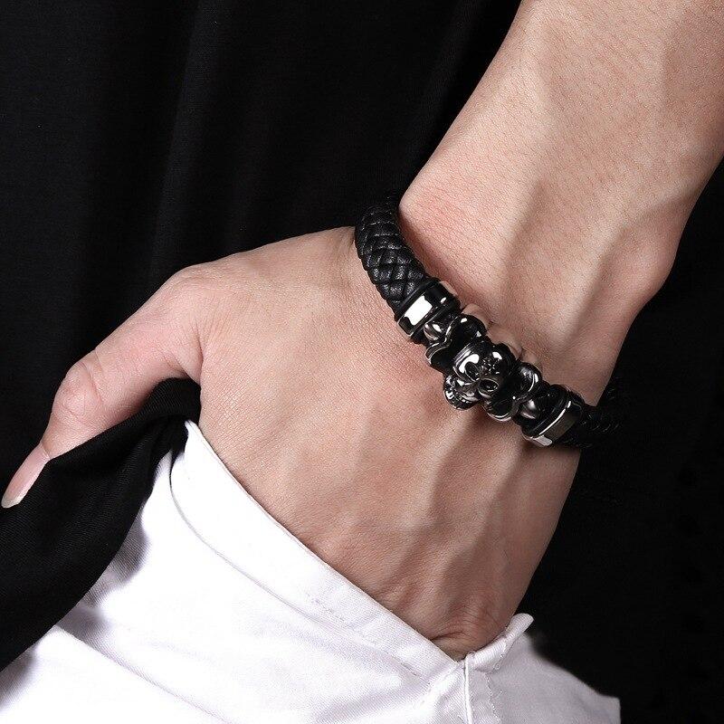 Black Braided Leather Stainless Steel Gothic Skull Bracelet-Skull Bracelet-Innovato Design-8.3-Innovato Design