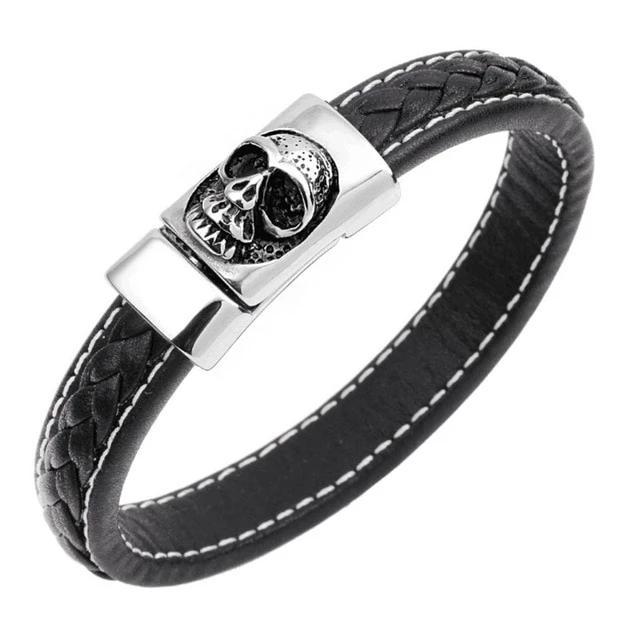 Black and Blue Braided Leather Stainless Steel Skull Bracelet-Skull Bracelet-Innovato Design-Light Brown-6.8-Innovato Design