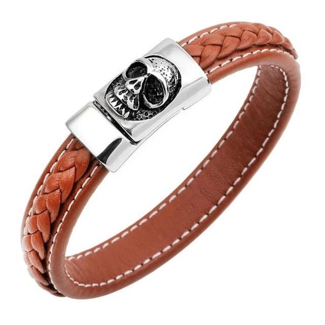 Black and Blue Braided Leather Stainless Steel Skull Bracelet-Skull Bracelet-Innovato Design-Light Brown-6.8-Innovato Design