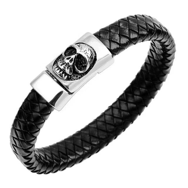 Black and Blue Braided Leather Stainless Steel Skull Bracelet-Skull Bracelet-Innovato Design-Light Brown-6.8-Innovato Design