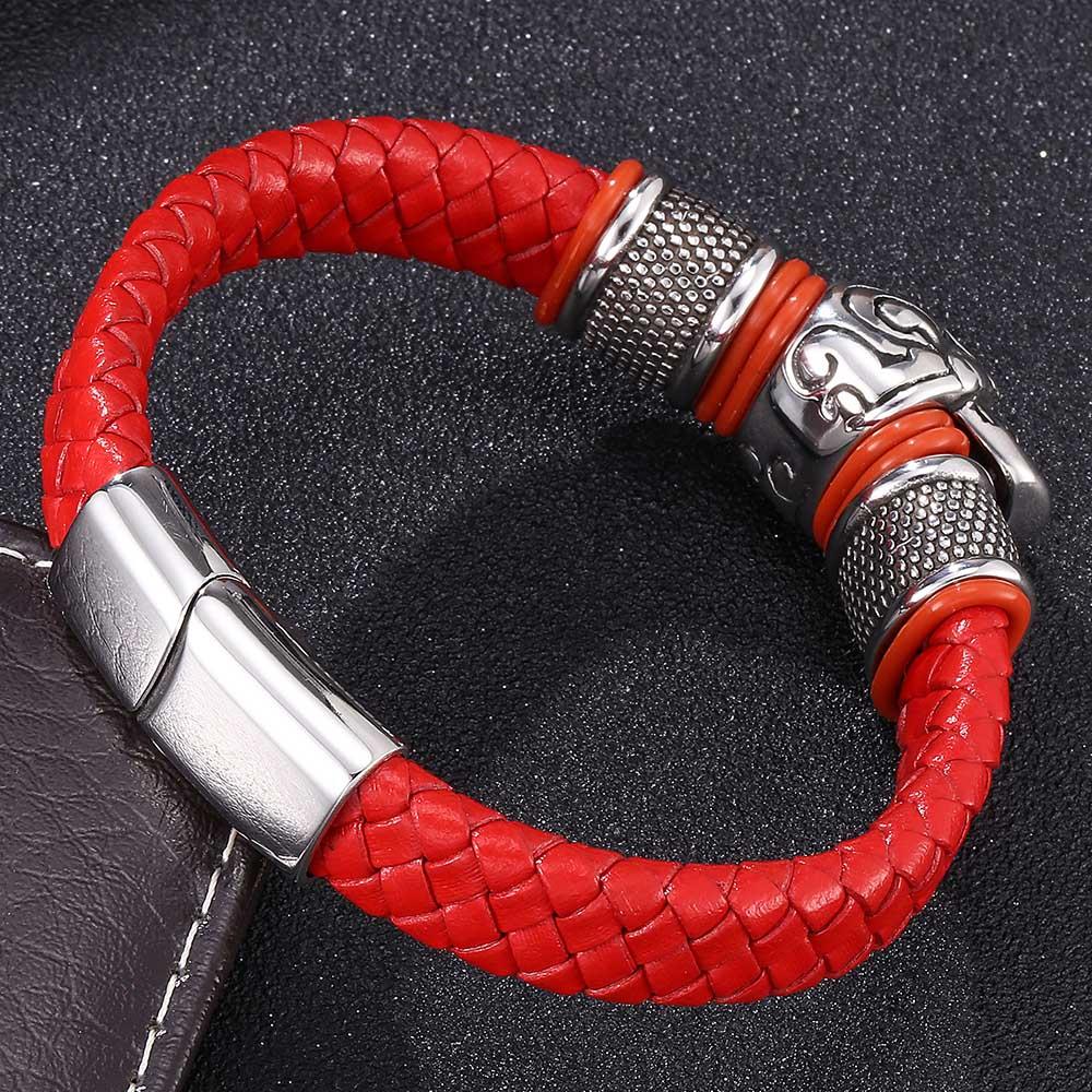Red Braided Leather Stainless Steel Beaded Skull Bracelet-Skull Bracelet-Innovato Design-6.5-Innovato Design