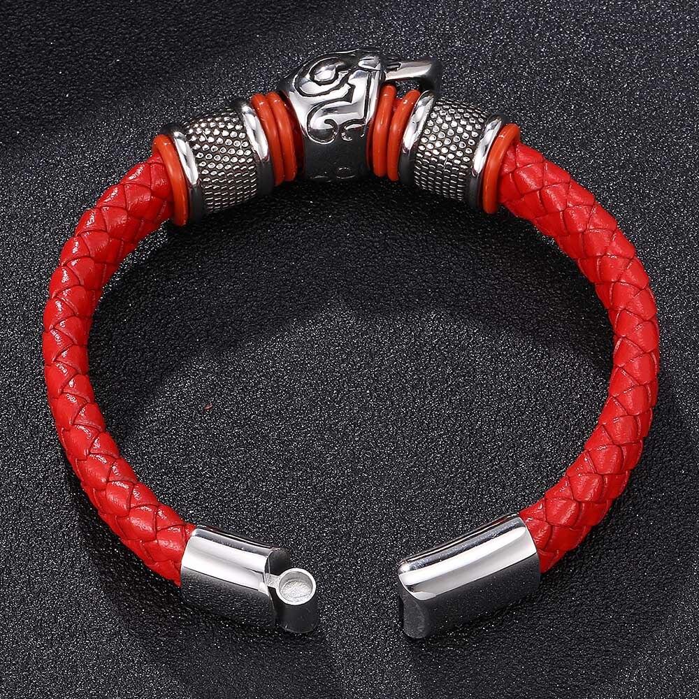 Red Braided Leather Stainless Steel Beaded Skull Bracelet-Skull Bracelet-Innovato Design-6.5-Innovato Design