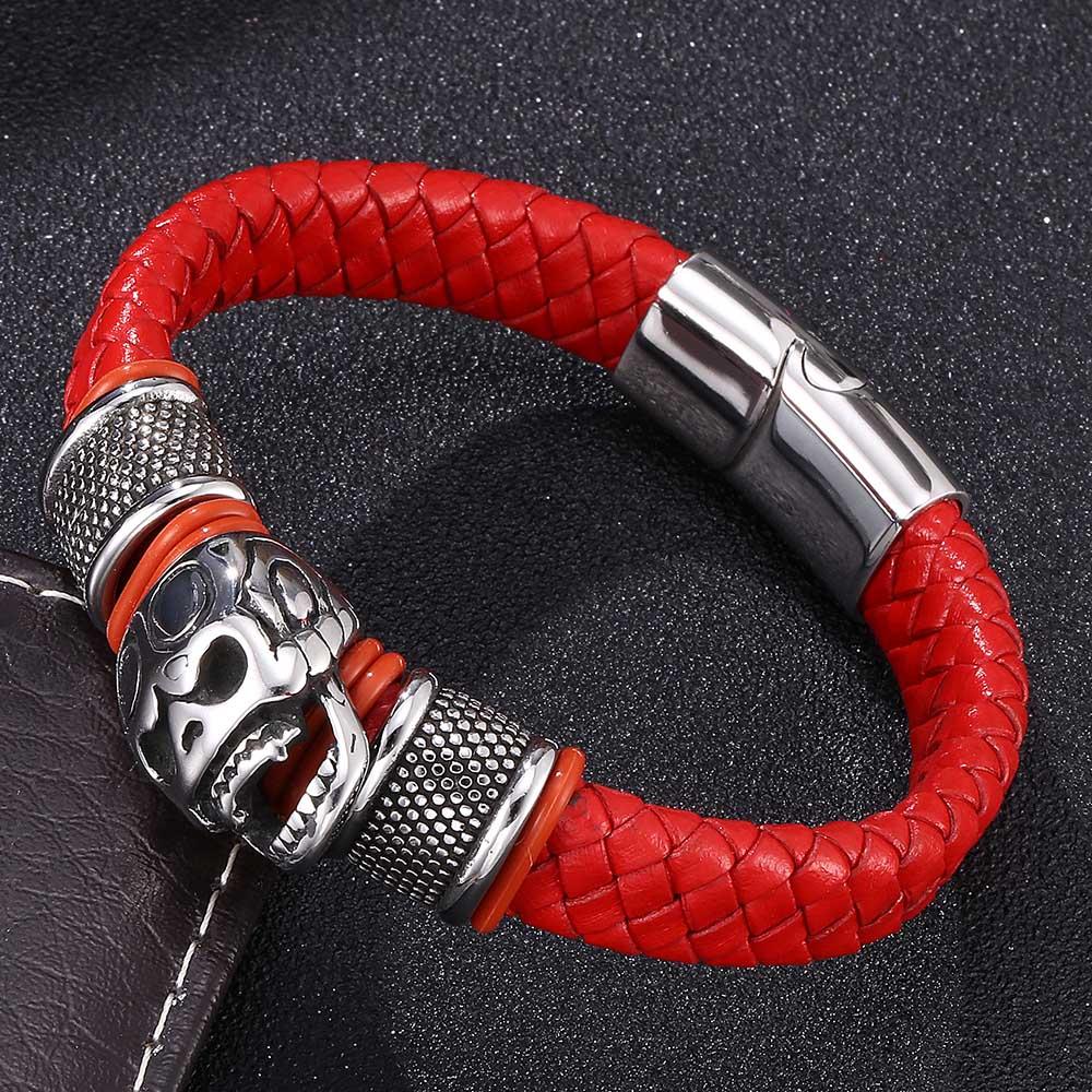 Red Braided Leather Stainless Steel Beaded Skull Bracelet-Skull Bracelet-Innovato Design-6.5-Innovato Design