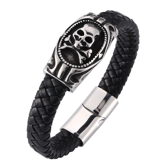 Black Braided Leather Stainless Steel Skull and Crossbones Bracelet - InnovatoDesign