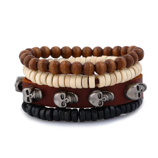 4 Pieces Brown Leather Stone and Wood Beads Skull Bracelet - InnovatoDesign