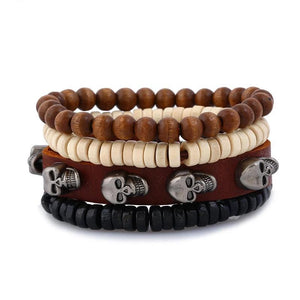 4 Pieces Brown Leather Stone and Wood Beads Skull Bracelet-Skull Bracelet-Innovato Design-Innovato Design