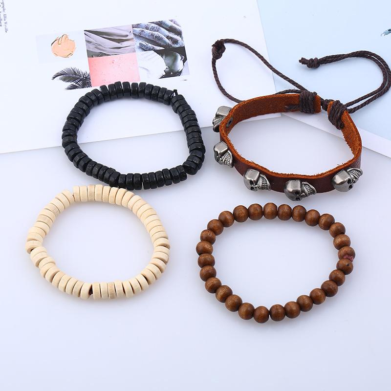 4 Pieces Brown Leather Stone and Wood Beads Skull Bracelet-Skull Bracelet-Innovato Design-Innovato Design