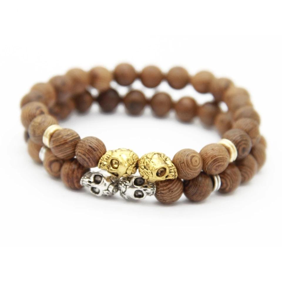 Brown Wood Beaded Punk Skull Bracelet for Women-Skull Bracelet-Innovato Design-Gold-Innovato Design