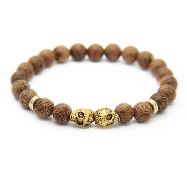 Brown Wood Beaded Punk Skull Bracelet for Women-Skull Bracelet-Innovato Design-Gold-Innovato Design