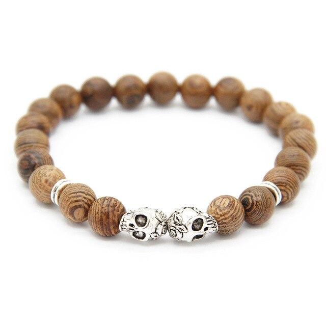 Brown Wood Beaded Punk Skull Bracelet for Women-Skull Bracelet-Innovato Design-Silver-Innovato Design