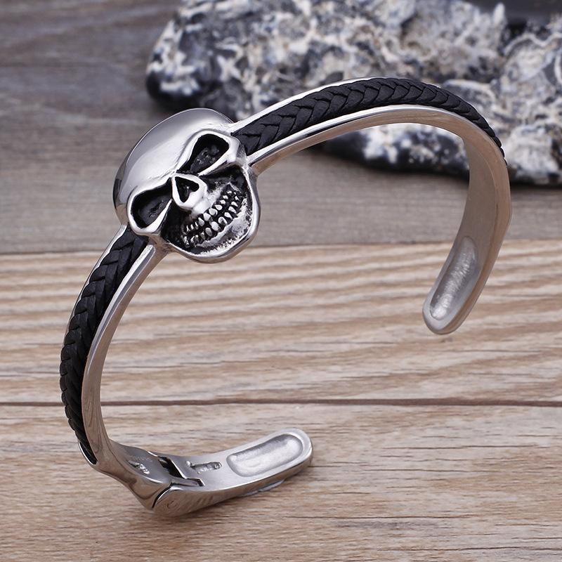 Black Braided Leather on Stainless Steel Skull-Skull Bracelet-Innovato Design-Innovato Design