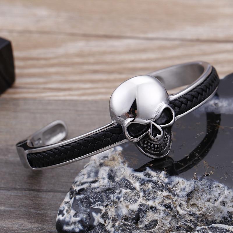Black Braided Leather on Stainless Steel Skull-Skull Bracelet-Innovato Design-Innovato Design
