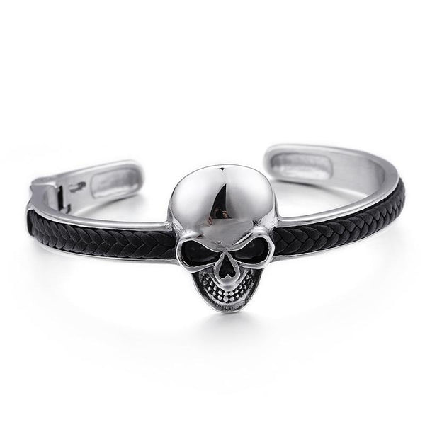 Black Braided Leather on Stainless Steel Skull - InnovatoDesign