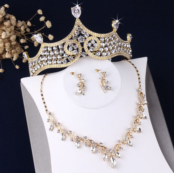 Baroque Rhinestone and Leaf Crystal Tiara, Necklace & Earrings Wedding Jewelry Set-Jewelry Sets-Innovato Design-Innovato Design