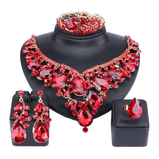 Crystal Necklace, Bracelet, Earrings & Ring Wedding Statement Jewelry Set-Jewelry Sets-Innovato Design-White-Innovato Design