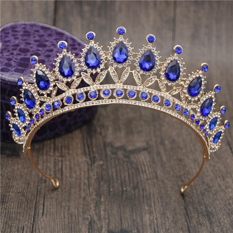 Queen Bridal Tiaras and Crowns in 15 Different Styles for Wedding or Prom-Crowns-Innovato Design-Gold Blue-Innovato Design