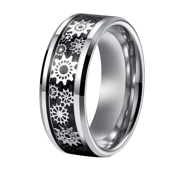 Silver Tungsten Carbide in Black Inlay with Gear Design Wedding Band - InnovatoDesign