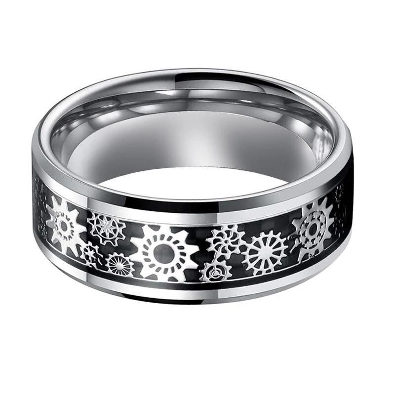 Silver Tungsten Carbide in Black Inlay with Gear Design Wedding Band-Rings-Innovato Design-7-Innovato Design
