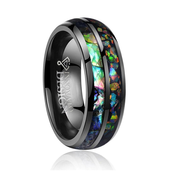 Black Tungsten Carbide with Shell and Opal Inlay Wedding Band