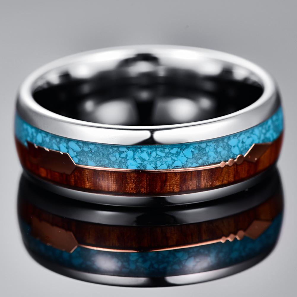 Silver Tungsten with Koa Wood, Blue Meteorite Inlay and Rose Gold Arrow Wedding Band-Rings-Innovato Design-7-Innovato Design