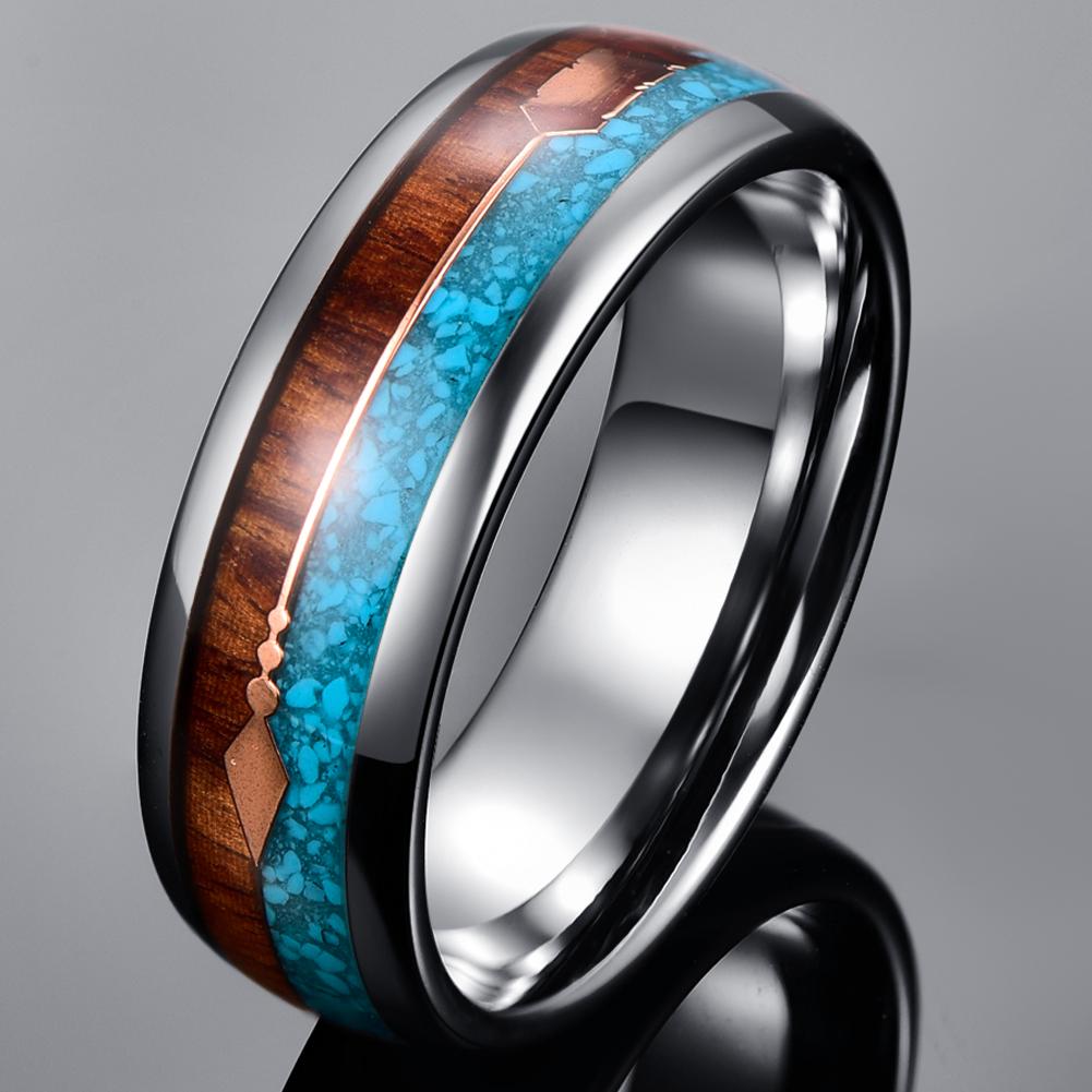 Silver Tungsten with Koa Wood, Blue Meteorite Inlay and Rose Gold Arrow Wedding Band-Rings-Innovato Design-7-Innovato Design