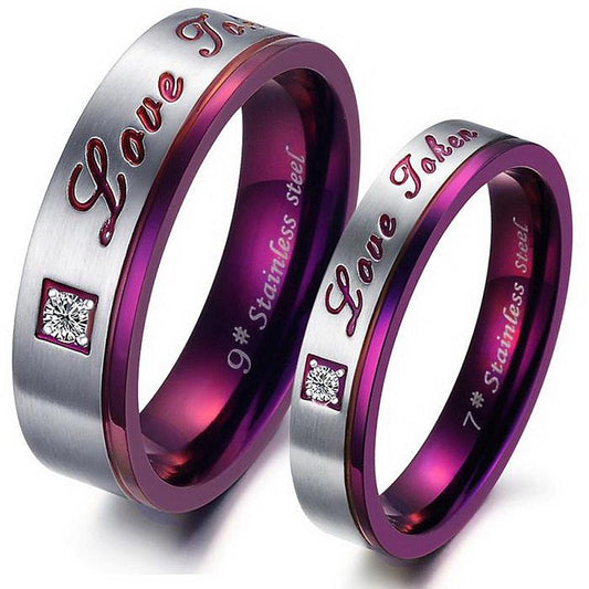 Two Tone Stainless Steel with Engraved Love Token and Cubic Zirconia Couple Rings-Rings-Innovato Design-5-Men-Innovato Design
