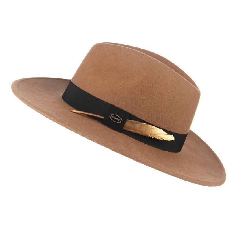 Wide Brim Wool Felt Fedora Hat with Gold Feather Band-Hats-Innovato Design-Camel-Innovato Design