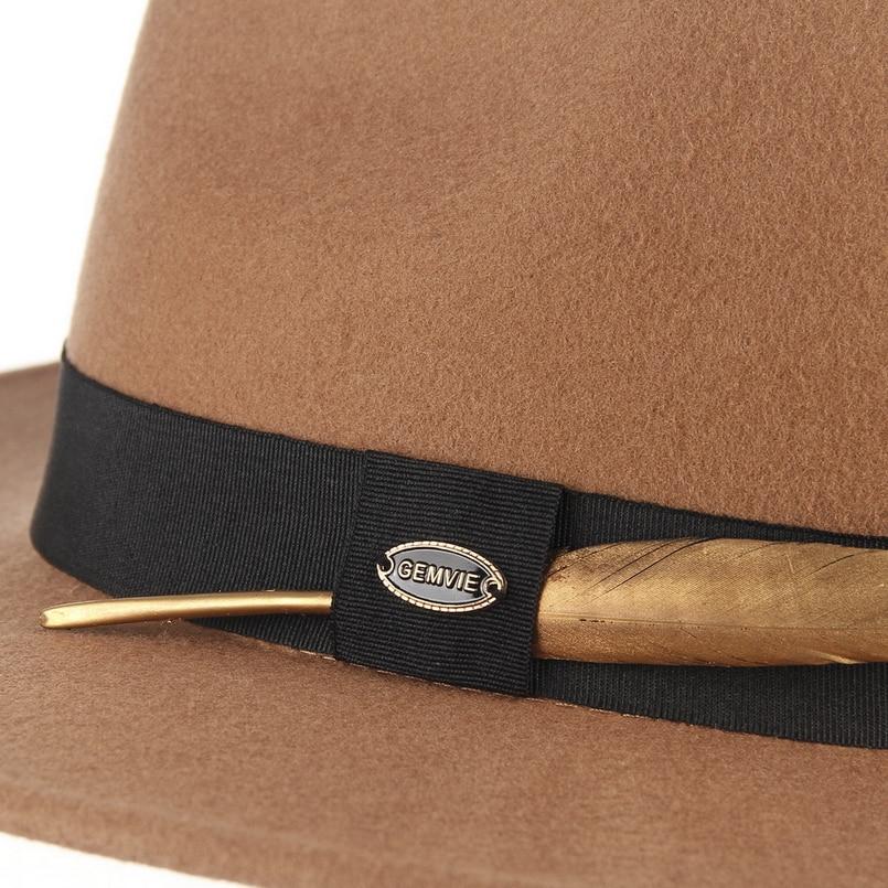 Wide Brim Wool Felt Fedora Hat with Gold Feather Band-Hats-Innovato Design-Camel-Innovato Design