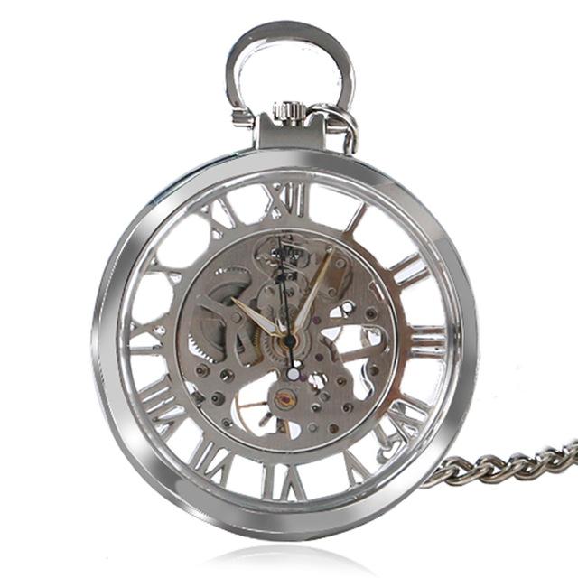 Open Faced Pocket Mechanical Watch with Hollow Gear Skeleton Design Silver