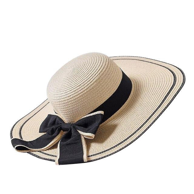 Foldable Floppy Straw Sun Hat with Silk Ribbon Bow-Hats-Innovato Design-Beige-Innovato Design