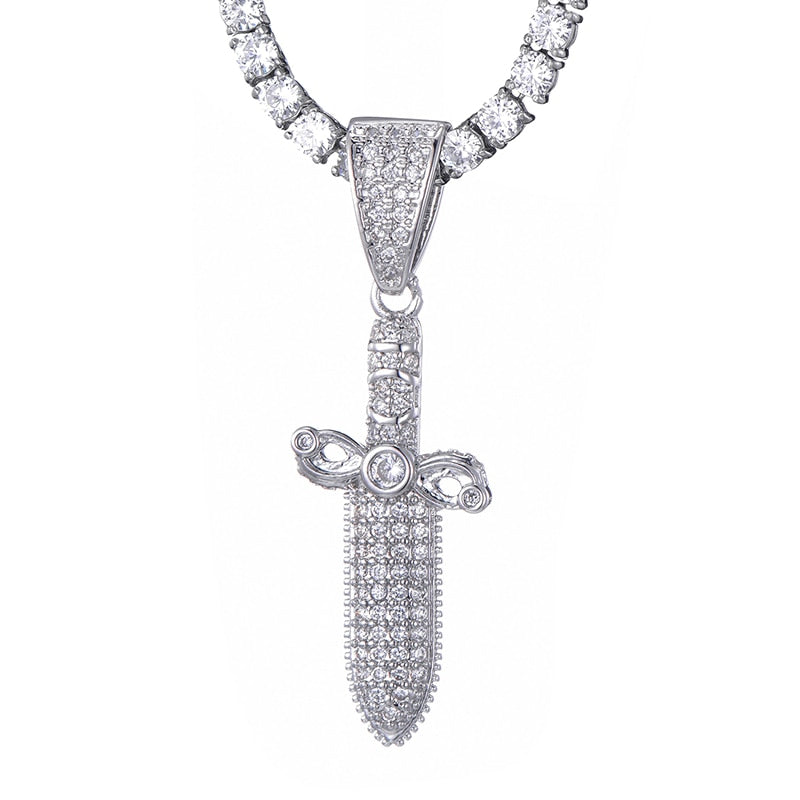 Cubic-Zirconia-Studded Sword Bling Hip-hop Pendant Necklace-Necklaces-Innovato Design-Silver-4mm Tennis-20inch-Innovato Design