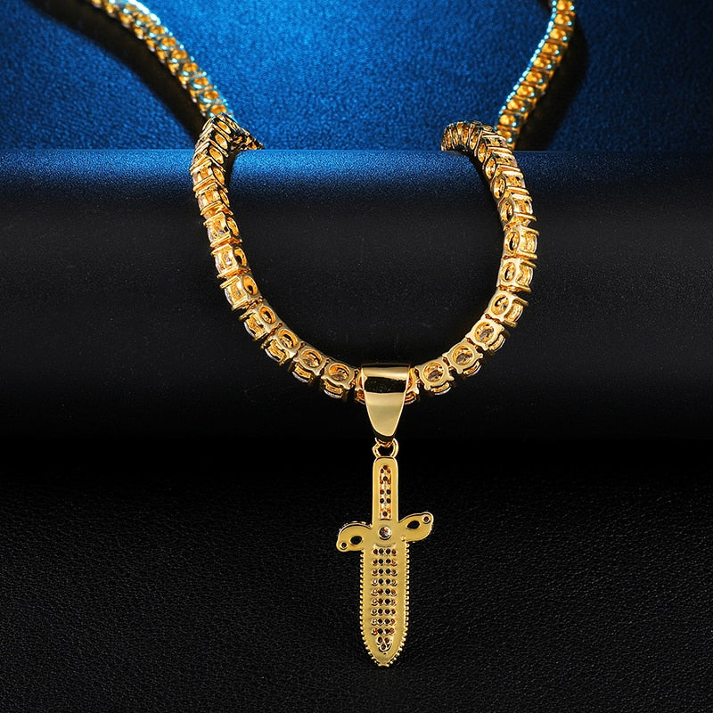 Cubic-Zirconia-Studded Sword Bling Hip-hop Pendant Necklace-Necklaces-Innovato Design-Silver-4mm Tennis-20inch-Innovato Design