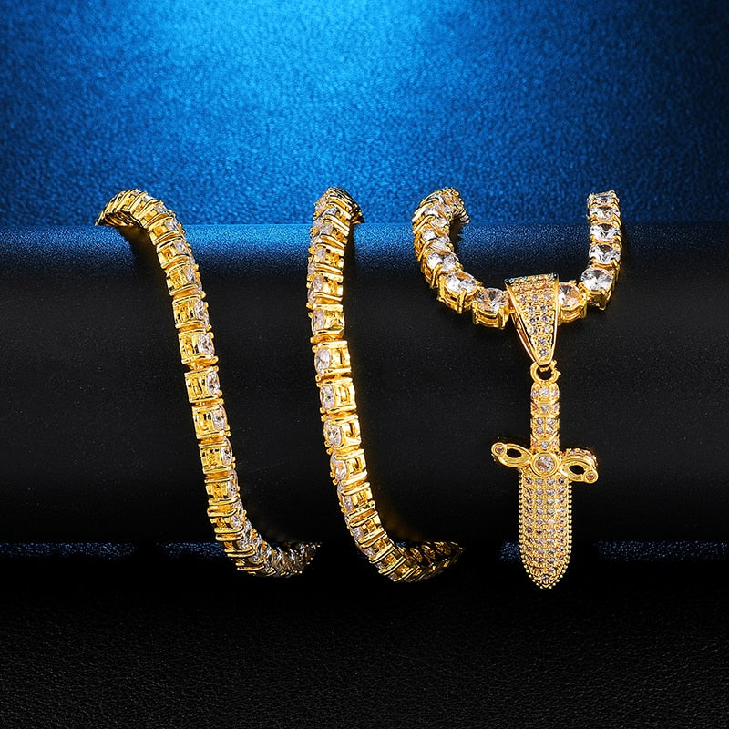 Cubic-Zirconia-Studded Sword Bling Hip-hop Pendant Necklace-Necklaces-Innovato Design-Silver-4mm Tennis-20inch-Innovato Design