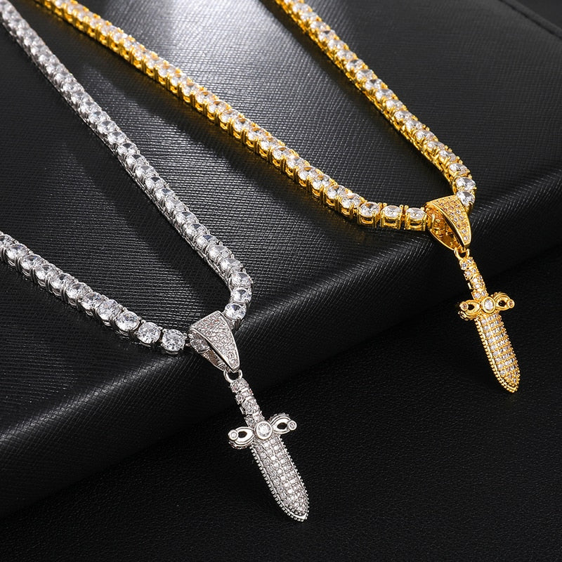 Cubic-Zirconia-Studded Sword Bling Hip-hop Pendant Necklace-Necklaces-Innovato Design-Silver-4mm Tennis-20inch-Innovato Design