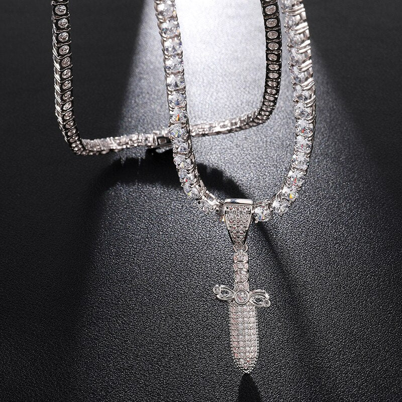 Cubic-Zirconia-Studded Sword Bling Hip-hop Pendant Necklace-Necklaces-Innovato Design-Silver-4mm Tennis-20inch-Innovato Design