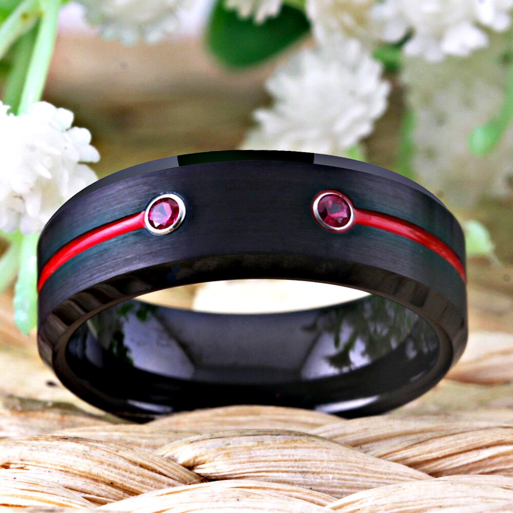 Classic Cubic Zirconia Red Groove Black-Plated Tungsten Wedding Band-Rings-Innovato Design-6-Innovato Design