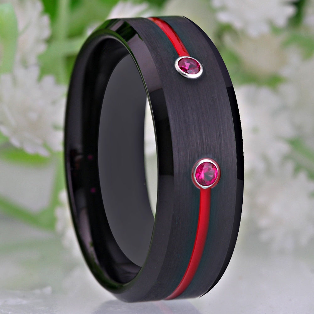 Classic Cubic Zirconia Red Groove Black-Plated Tungsten Wedding Band-Rings-Innovato Design-6-Innovato Design