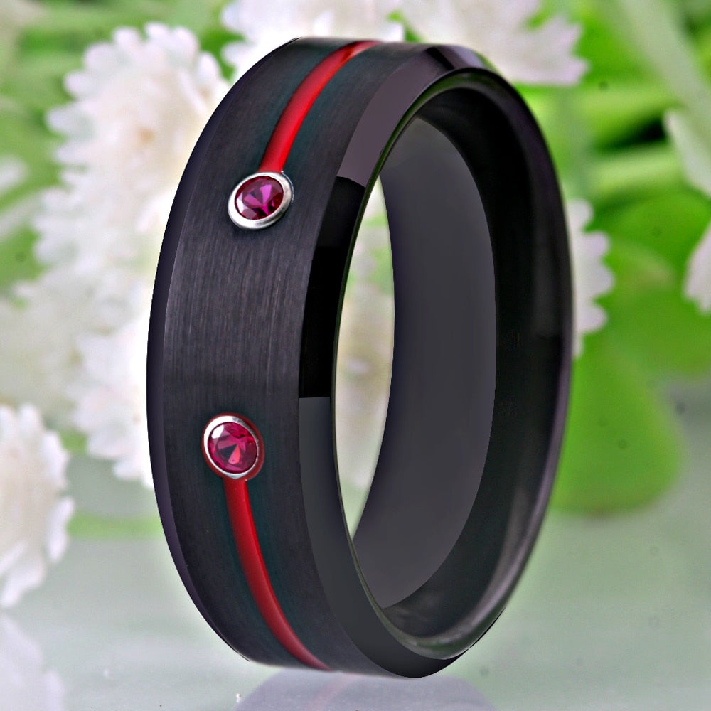 Classic Cubic Zirconia Red Groove Black-Plated Tungsten Wedding Band-Rings-Innovato Design-6-Innovato Design