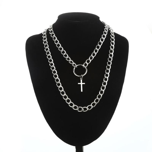 Layered Silver Chain Necklace with Cross and Lock Pendants - InnovatoDesign
