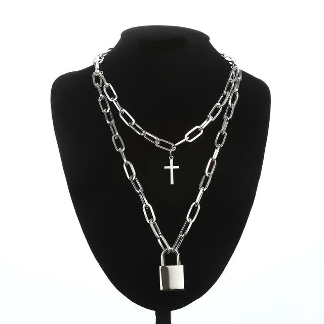 Layered Silver Chain Necklace with Cross and Lock Pendants-Necklaces-Innovato Design-Zeta-Innovato Design