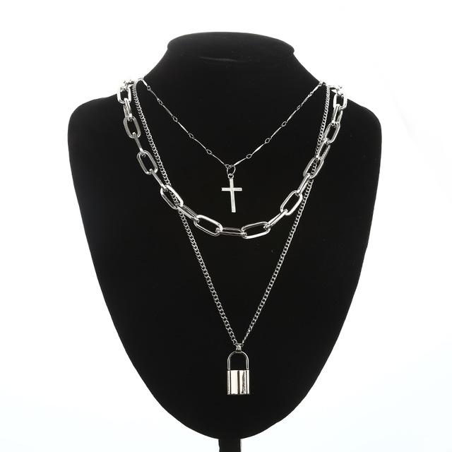 Layered Silver Chain Necklace with Cross and Lock Pendants-Necklaces-Innovato Design-Gama-Innovato Design