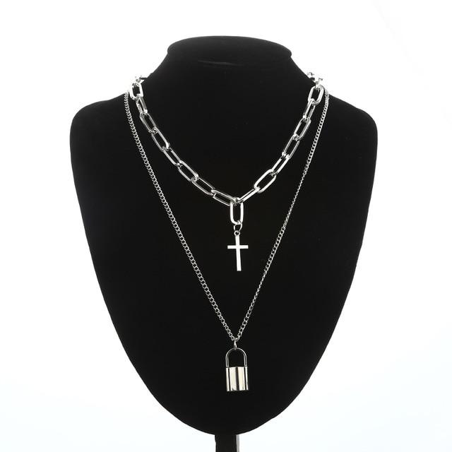 Layered Silver Chain Necklace with Cross and Lock Pendants-Necklaces-Innovato Design-Alfa-Innovato Design