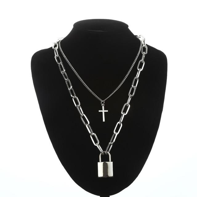 Layered Silver Chain Necklace with Cross and Lock Pendants-Necklaces-Innovato Design-Epsilon-Innovato Design