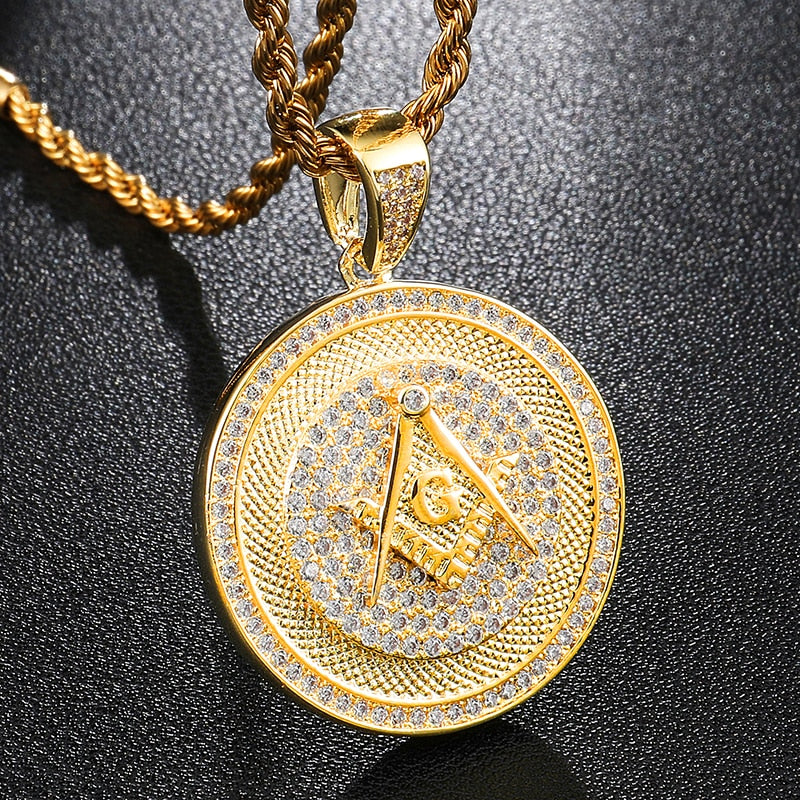 Paved Cubic Zirconia and Rhinestone Studded Masonic Bling Hip-hop Pendant Necklace-Necklaces-Innovato Design-Innovato Design