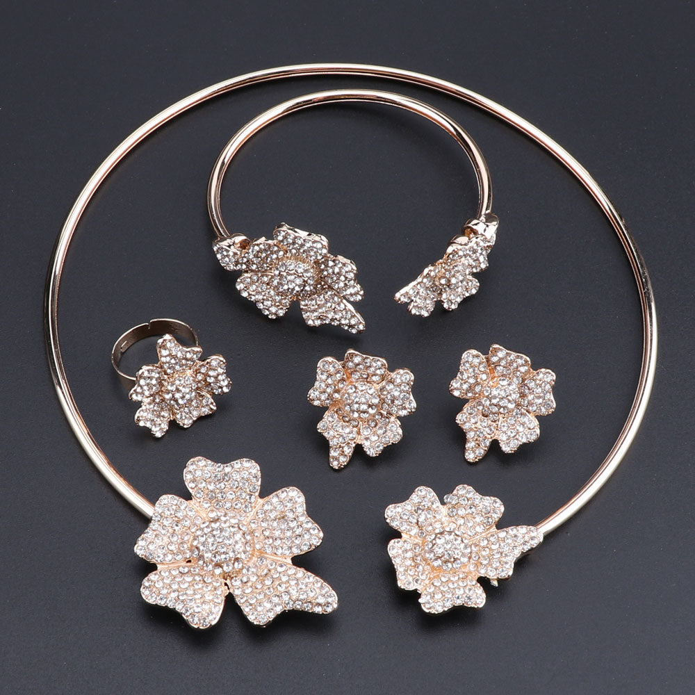Flower Crystal Necklace, Bracelet, Earrings & Ring Wedding Statement Jewelry Set-Jewelry Sets-Innovato Design-Gold-Innovato Design