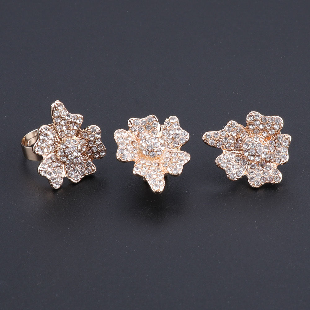 Flower Crystal Necklace, Bracelet, Earrings & Ring Wedding Statement Jewelry Set-Jewelry Sets-Innovato Design-Gold-Innovato Design