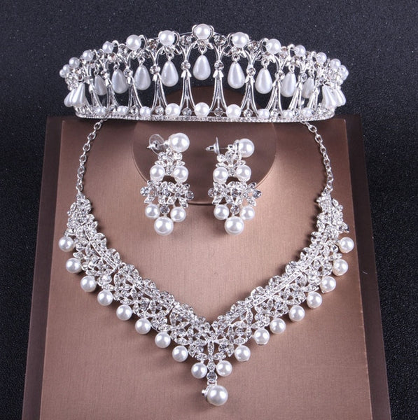 Baroque Crystal, Pearl and Rhinestone Tiara, Necklace & Earrings Wedding Jewelry Set